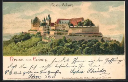 Lithographie Coburg, Blick auf Veste Coburg, Schloss