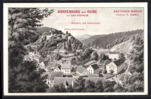 AK Bad Dürkheim, Hardenburg mit Ruine und Gasthaus Hirsch, Rahnfels mit Schutzhütte, Ruine Schlosseck