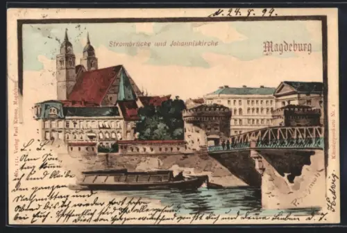 Lithographie Magdeburg, Strombrücke und Johanniskirche