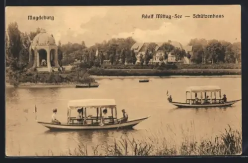 AK Magdeburg, Schützenhaus und Adolf Mittag-See mit Booten