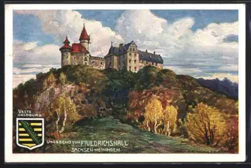 Künstler-AK Hans Rudolf Schulze: Bad Colberg-Heldburg, Veste Heldburg u. Wappen