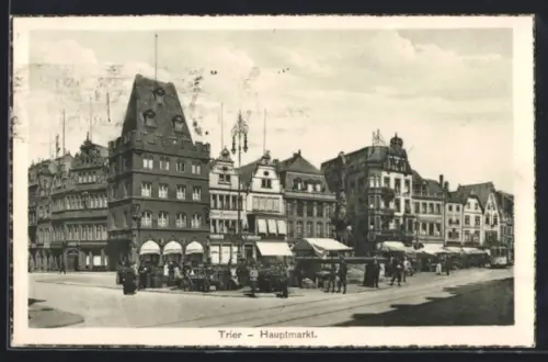 AK Trier, Hauptmarkt mit Geschäften und Strassenbahn