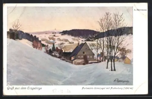 AK Unterjugel /Erzgebirge, Farbmühle mit Plattenberg im Schnee