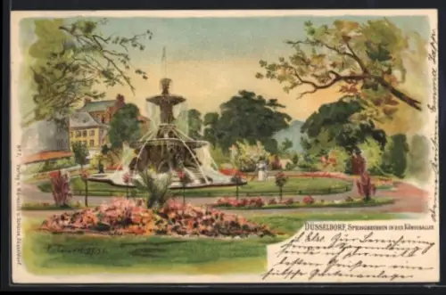 Lithographie Düsseldorf, Springbrunnen in der Könisgallee