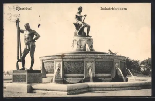 AK Düsseldorf, Industriebrunnen mit Statuen