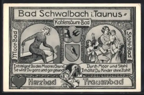 AK Bad Schwalbach i. Ts., Herzbad Frauenbad, Moor-Bad, Stahl-Bad