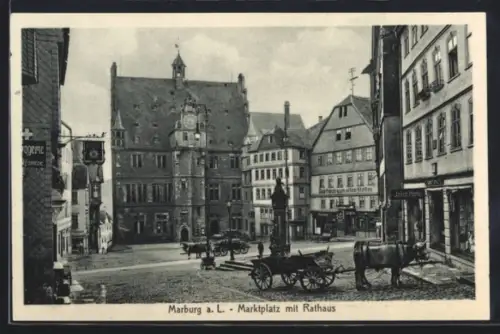 AK Marburg a. L., Marktplatz mit Gasthaus zum alten Ritter und Rathaus