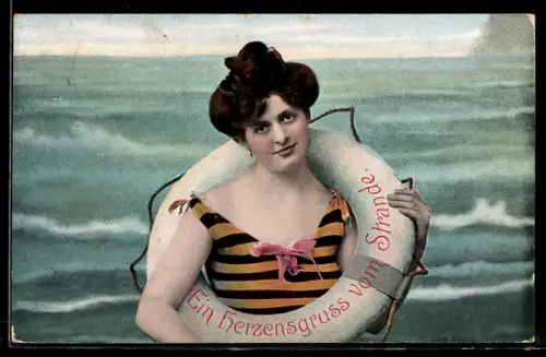 AK Junge Dame im Badeanzug mit Rettungsring im Wasser, Gruss vom Strande