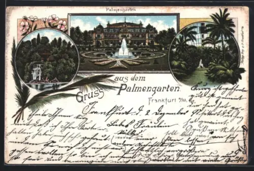 Lithographie Frankfurt-Westend, Gaststätte Palmengarten mit Anlagen, Wasserfall