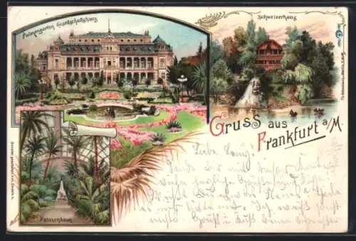 Lithographie Frankfurt-Westend, Palmengarten, Gesellschaftshaus, Schweizerhaus