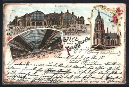 Lithographie Frankfurt, Hauptbahnhof und Dom o. Bartholomäus-Kirche