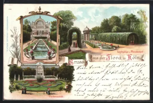 Lithographie Köln-Riehl, Impressionen aus der Flora, Laubgänge u. Floratempel