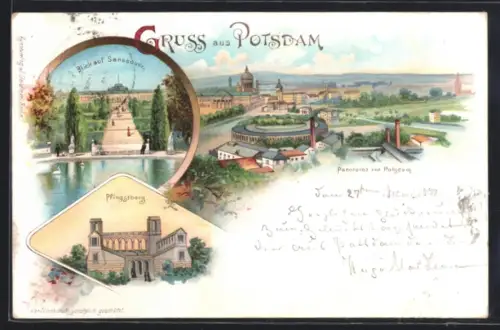 Lithographie Potsdam, Blick auf Sanssouci, Panorama von Potsdam, Pfingstberg