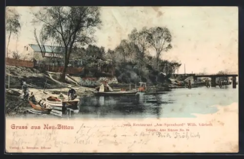 AK Neu-Zittau, Blick zum Restaurant Am Spreebord, Inh. Wilh. Gärisch, Ruderboote am Ufer