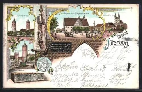 Lithographie Jüterbog, Stadtthürme, Rathaus mit Kriegerdenkmal