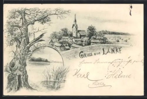 Künstler-AK Lanke, Panorama mit der Kirche, Partie am Ufer