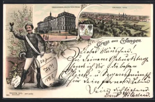 Lithographie Erlangen, Totalansicht, Collegienhaus Universitätsgebäude, Student mit Weinglas