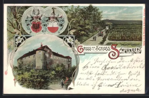 Lithographie Rödelsee, Schloss Schwanberg mit Wappen