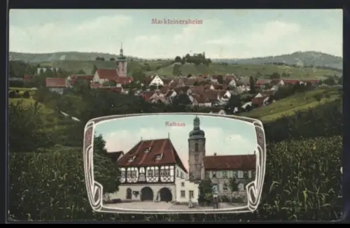 AK Markteinersheim, Rathaus und Ortsansicht aus der Ferne
