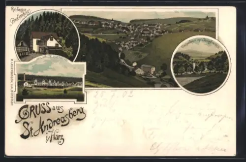 Lithographie St. Andreasberg i. Harz, Heilstätte Oderberg, Rehberger Grabenhaus, Teichanlagen mit Springbrunnen