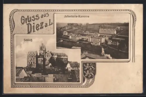 AK Diez, Infanterie-Kaserne von oben gesehen, Schloss