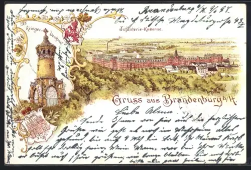 Lithographie Brandenburg a. H., Infanterie-Kaserne, Krieger-Denkmal