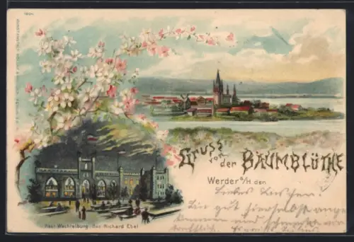 Lithographie Werder, Restaurant Wachtelburg bei Nacht, Blick auf die Insel