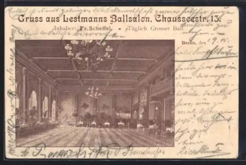 AK Berlin, Blick in den Lestmann Ballsalon, Chausseestrasse 13