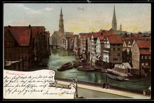 Lithographie Alt-Hamburg, Fleet, historische Speicherhäuser, Kirchen im Hintergrund