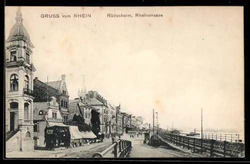 AK Rüdesheim /Rhein, Rheinstrasse mit Motel Traube