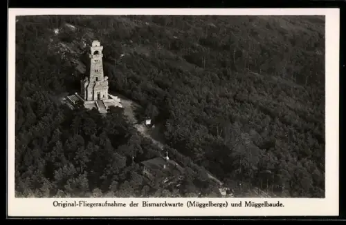 AK Berlin-Köpenick, Bismarckwarte und Müggelbaude vom Flugzeug aus
