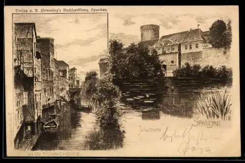 Künstler-AK Carl Jander: Berlin-Spandau, Partie an der Steinernen Brücke, Blick zum Juliusturm