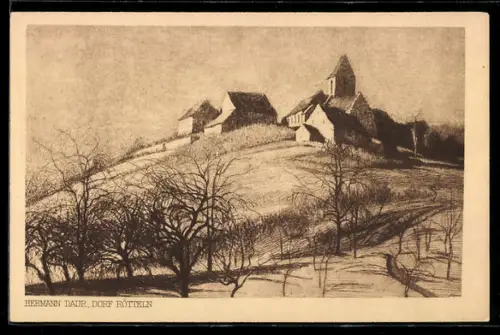 Künstler-AK Hermann Daur: Rötteln, Dorfansicht mit Kirche