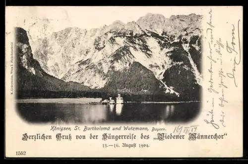 AK Königssee, St. Bartholomä, Watzmann, Sängerreise des Wiedener Männerchor 1904
