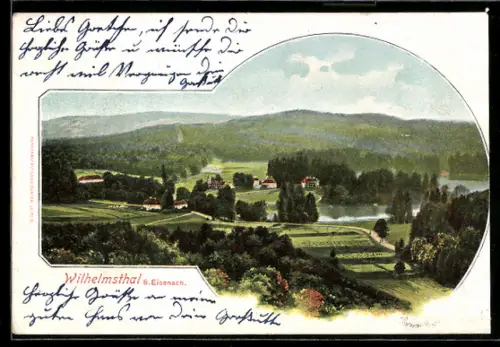 Künstler-AK Wilhelmsthal b. Eisenach, Landschaftsansicht mit Gebäuden und Teich