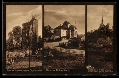 AK Veitsberg /Elster, Ruine des Nonnenklosters Cronschwitz, Kloster Mildenfurth, Veitsberger Kirche