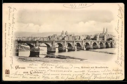 AK Koblenz, Moselbrücke und Stadtpanorama