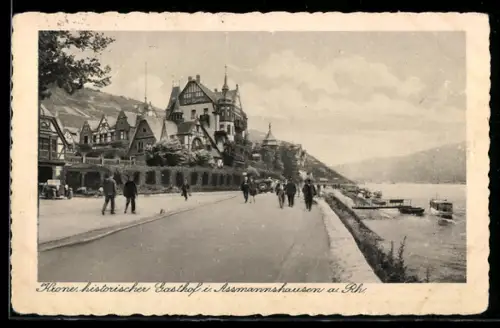 AK Assmannshausen a. Rh., Historischer Gasthof Krone, Rheinpromenade