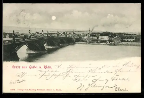 Mondschein-AK Kastel a. Rhein, Brücke über den Rhein, Ortsansicht