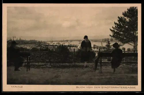 AK Mainz, Blick von der Stadtparkterrasse zur Brücke
