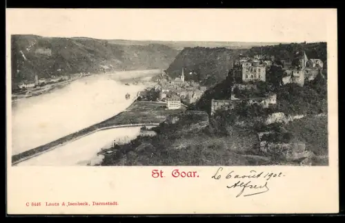 AK St. Goar, Blick auf Ort mit Burg u. Rhein