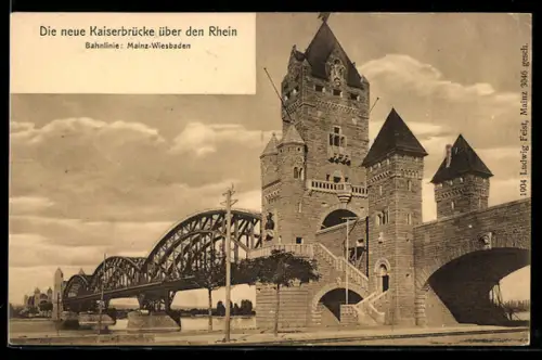 AK Mainz, Kaiserbrücke über den Rhein, Bahnlinie Mainz-Wiesbaden