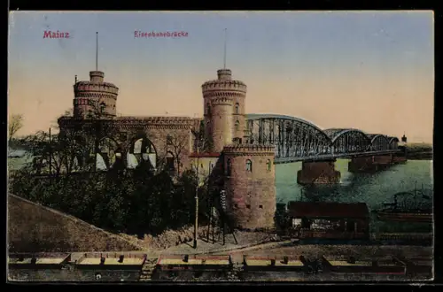 AK Mainz, Eisenbahnbrücke mit Brückenkopf