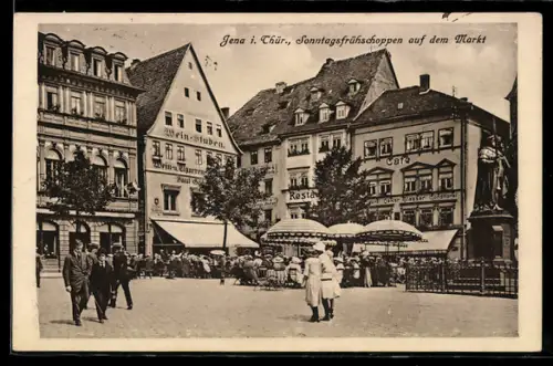 AK Jena i. Thür., Sonntagsfrühschoppen auf dem Markt, Wein-Stube, Café, Restaurant, Denkmal