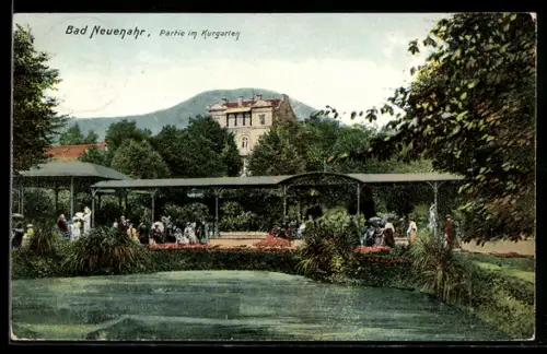 AK Bad Neuenahr, Partie im Kurgarten mit Teich, Pavillon, Gebäude