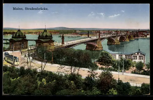 AK Mainz, Strassenbrücke mit Strassenbahn aus der Vogelschau