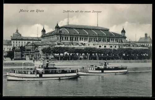 AK Mainz am Rhein, Stadthalle mit der neuen Terrasse, Dampfer