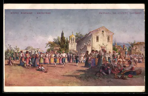 Künstler-AK Corfou, Paysans de Corfou Dansant, Leute feiern ein Fest in ihren Trachten
