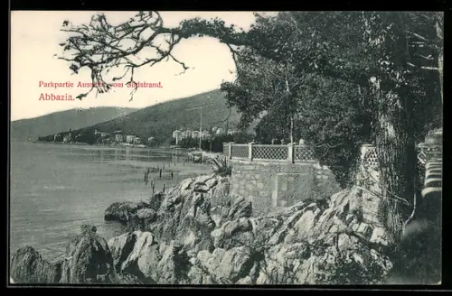 AK Abbazia, Parkpartie vom Südstrand aus gesehen