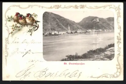 Lithographie St. Goarshausen, Uferpartie mit Kirche, Vögel auf Zweig, Passepartout
